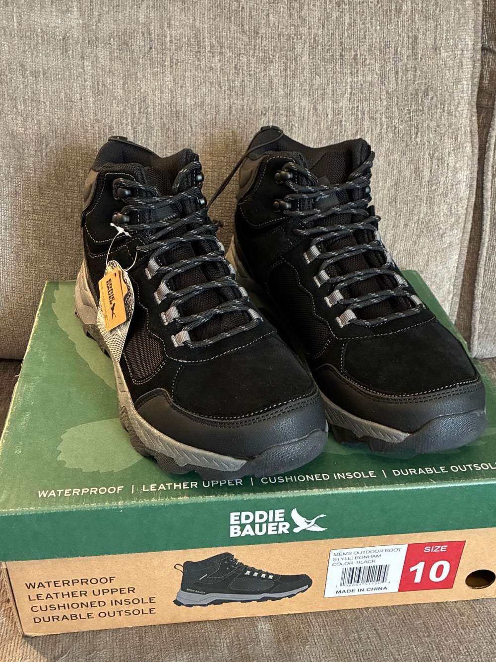 Eddie Bauer Black and Gray Men's Waterproof Hiking Boots Style Bonham